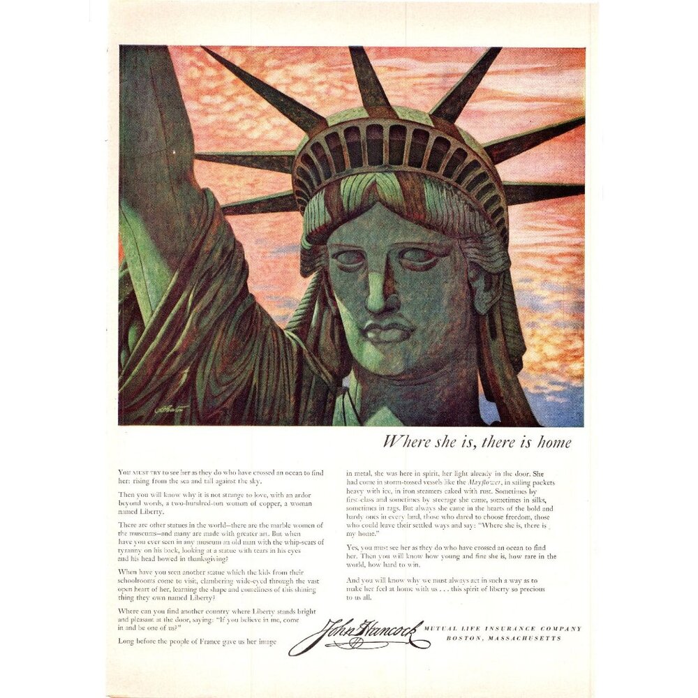 1951 John Hancock Insurance Vintage Print Ad Statue of Liberty NYC 50s Wall Art